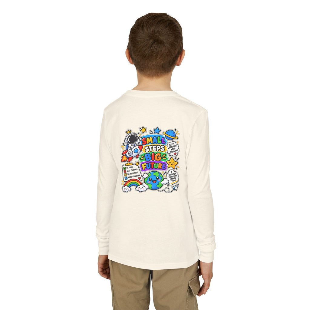 Youth Long Sleeve Tee — 'Dream Explore Discover' Colorful Space Kids Shirt