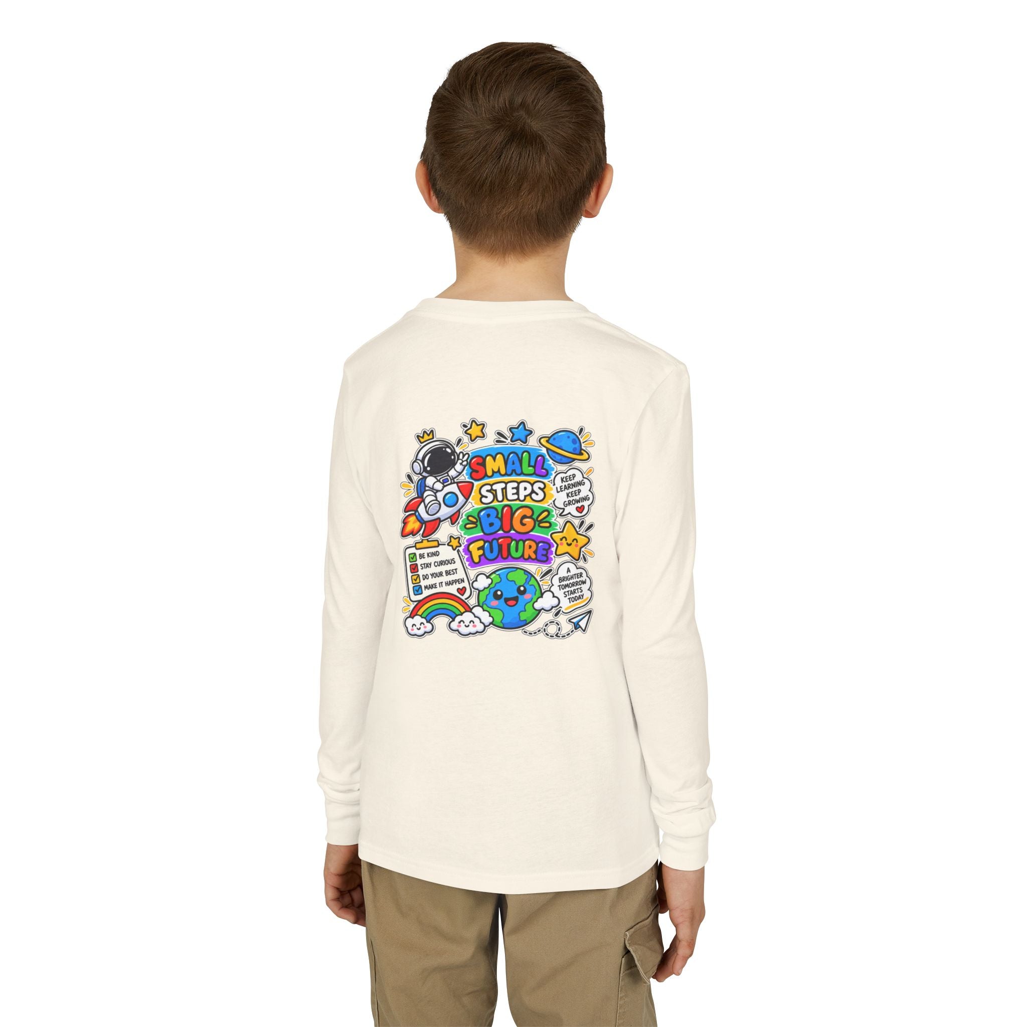 Youth Long Sleeve Tee — 'Dream Explore Discover' Colorful Space Kids Shirt