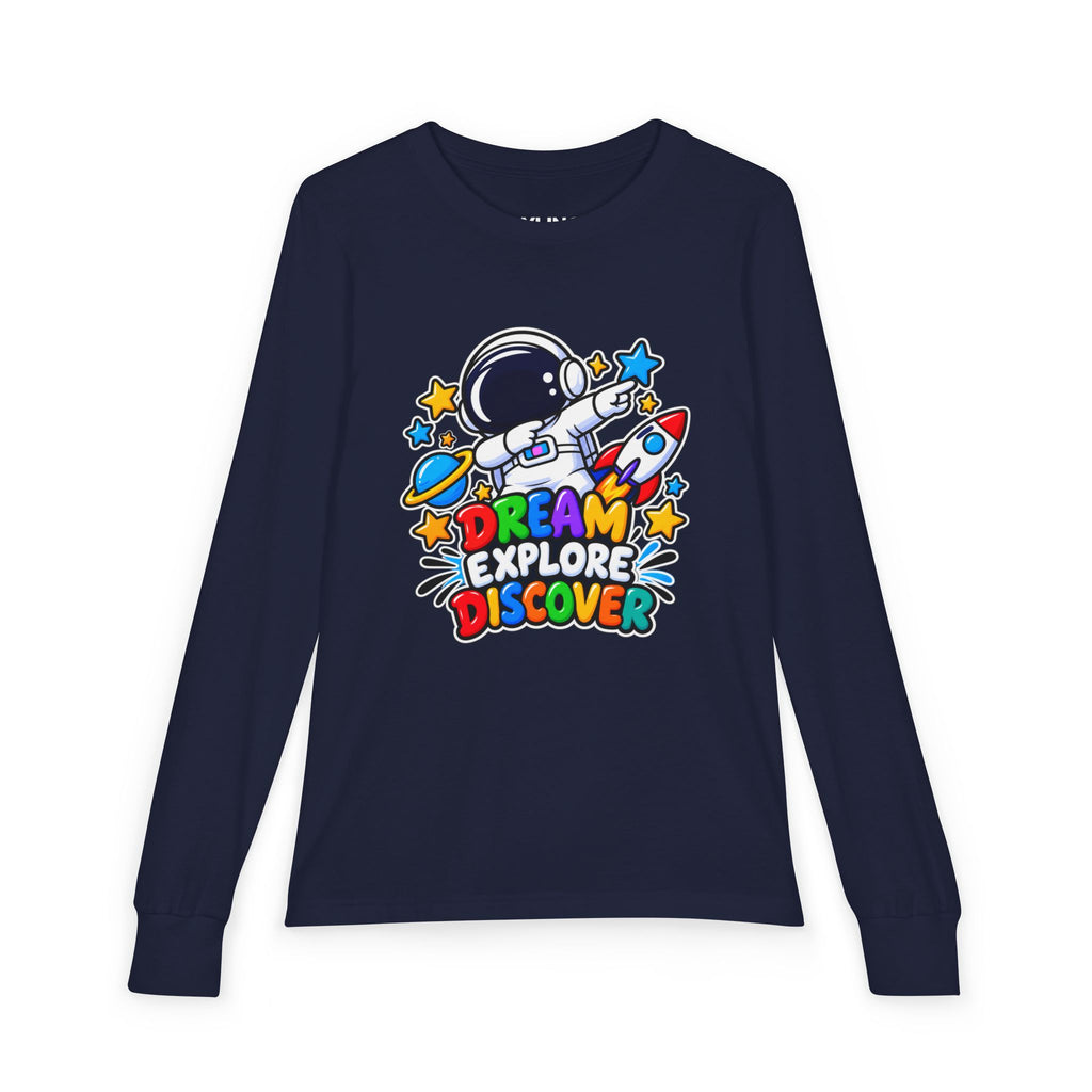 Youth Long Sleeve Tee — 'Dream Explore Discover' Colorful Space Kids Shirt