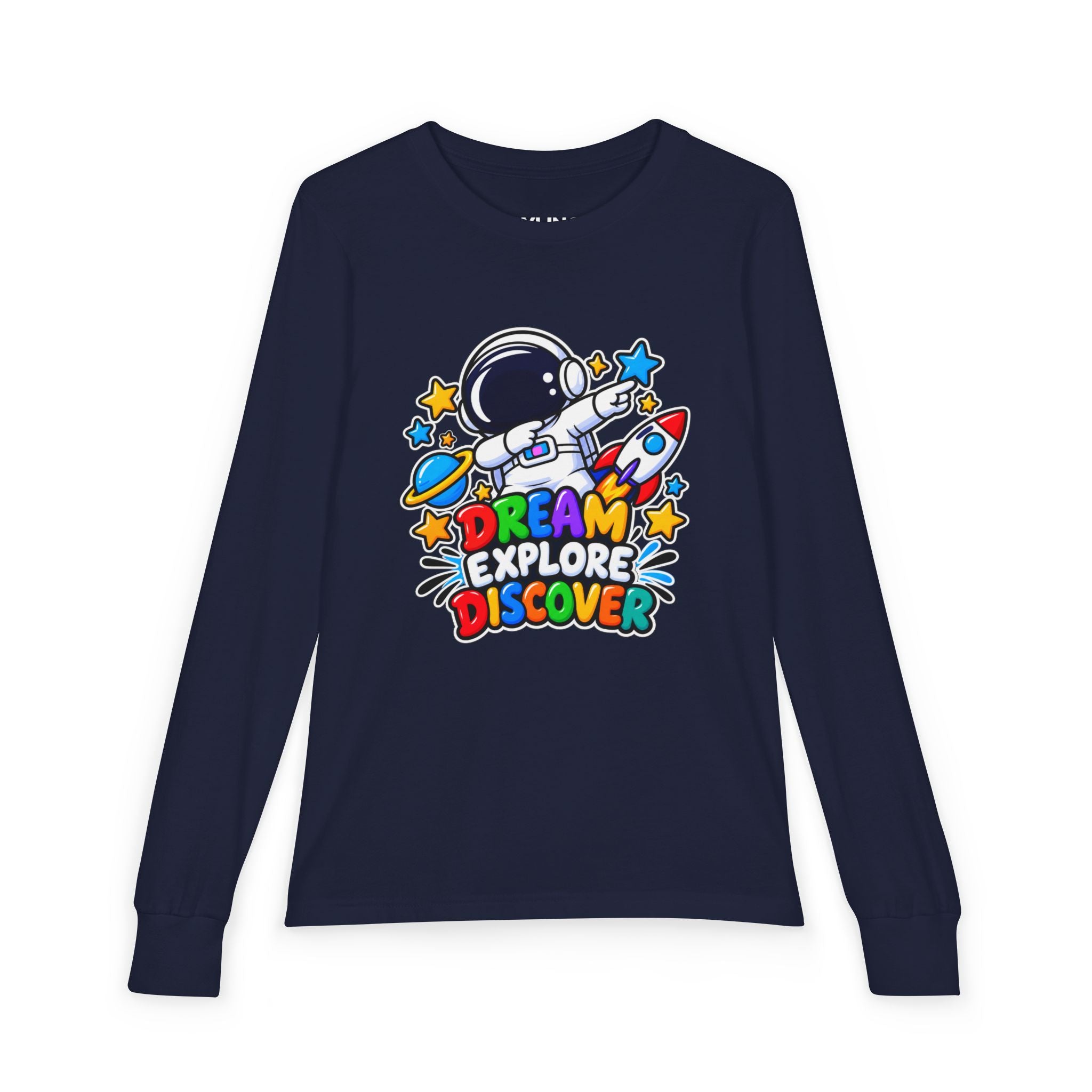 Youth Long Sleeve Tee — 'Dream Explore Discover' Colorful Space Kids Shirt