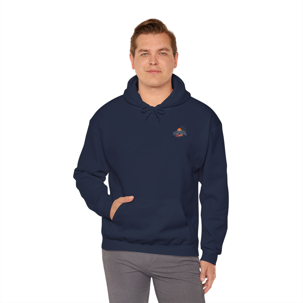 California Coast Hoodie — Vintage Car Sunset Palm Beach Graphic