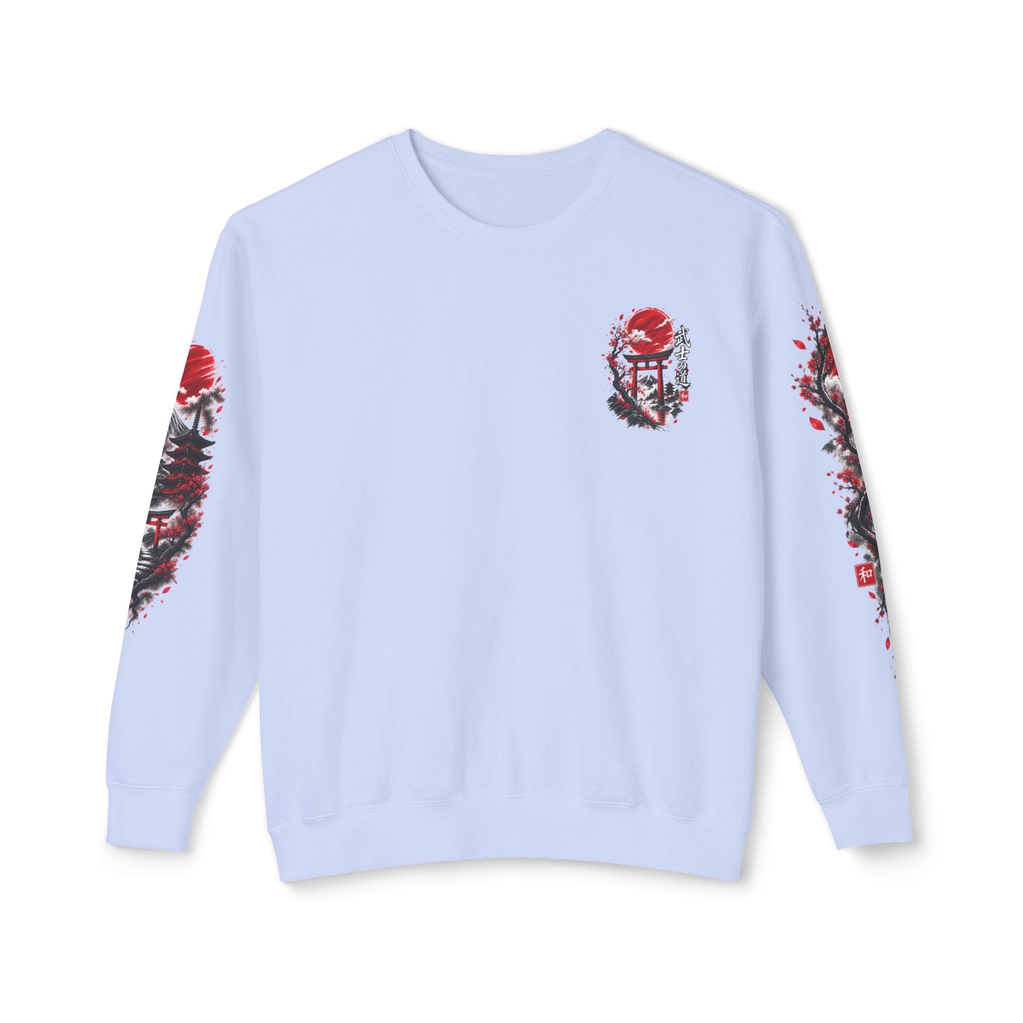 Japanese Samurai Landscape Sweatshirt — Red Sun, Crane & Kanji Crewneck