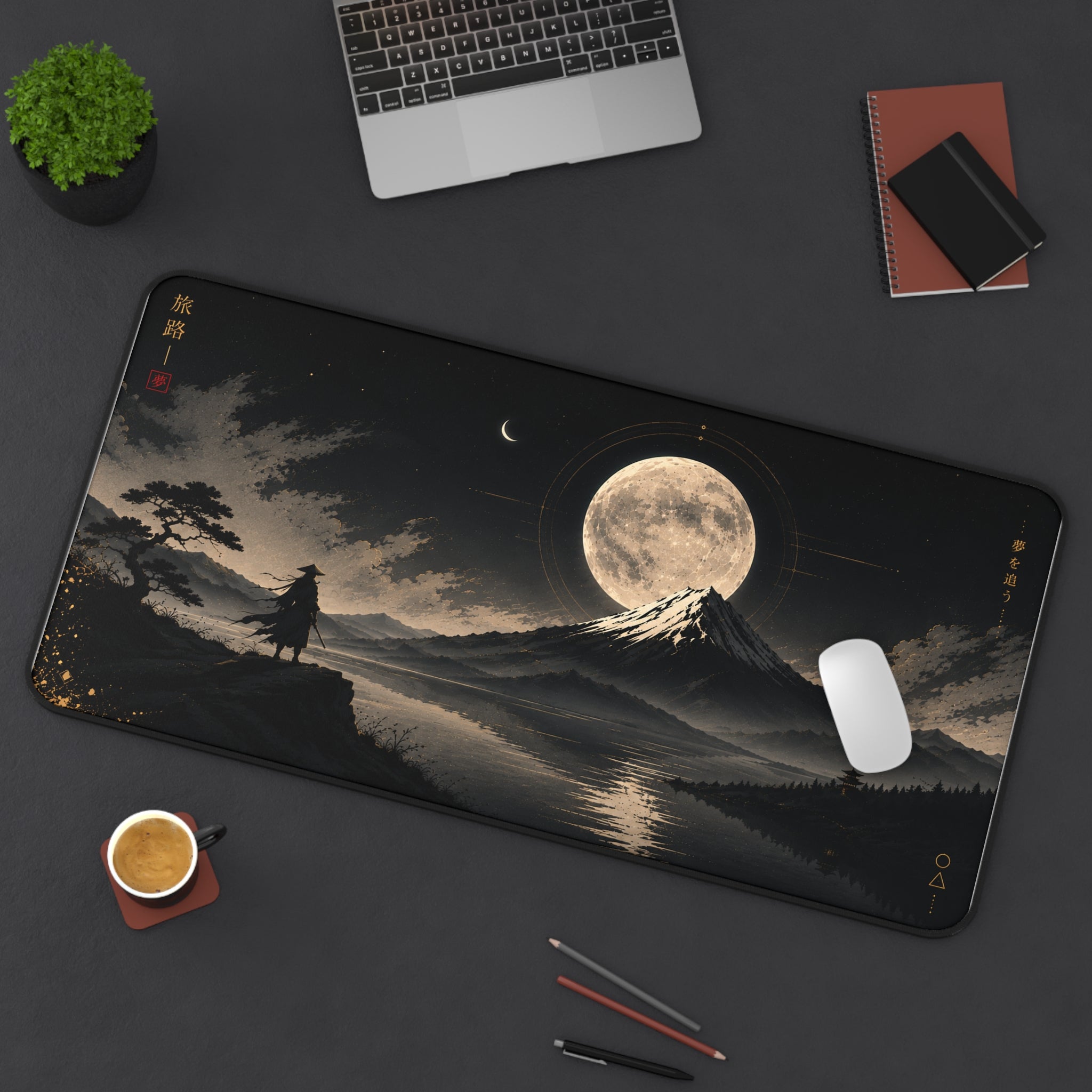 Moonlit Mountain Desk Mat — Samurai Nightscape Mouse Pad