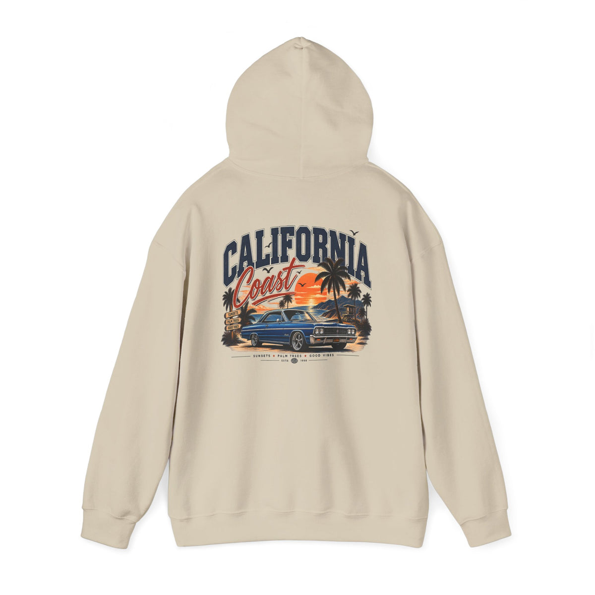 California Coast Hoodie — Vintage Car Sunset Palm Beach Graphic