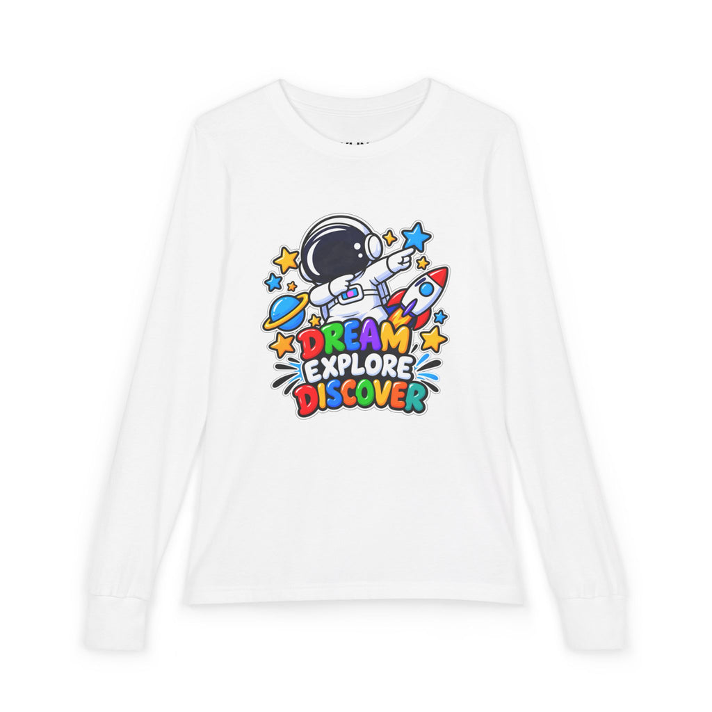 Youth Long Sleeve Tee — 'Dream Explore Discover' Colorful Space Kids Shirt