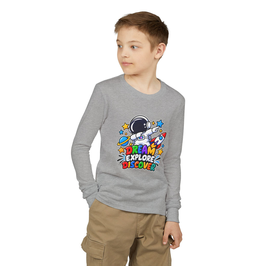 Youth Long Sleeve Tee — 'Dream Explore Discover' Colorful Space Kids Shirt