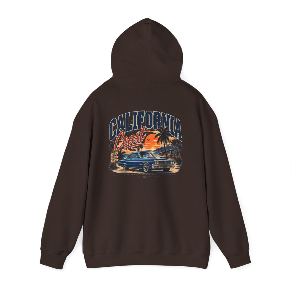 California Coast Hoodie — Vintage Car Sunset Palm Beach Graphic