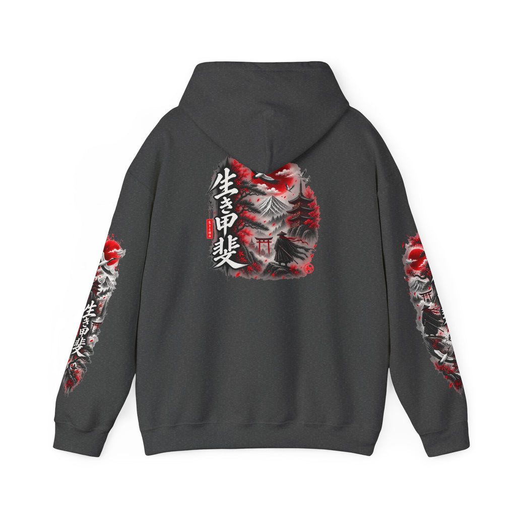 Japanese Oni Mask Hoodie – Red & Black Temple Graphic with Kanji Sleeve Art