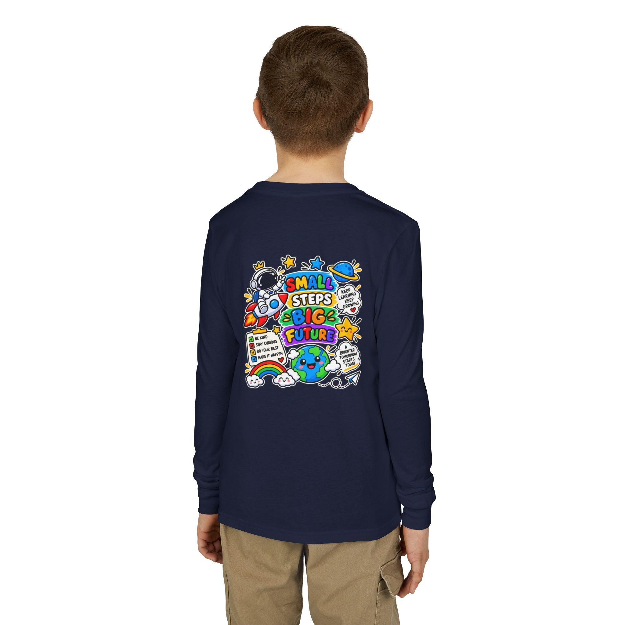 Youth Long Sleeve Tee — 'Dream Explore Discover' Colorful Space Kids Shirt