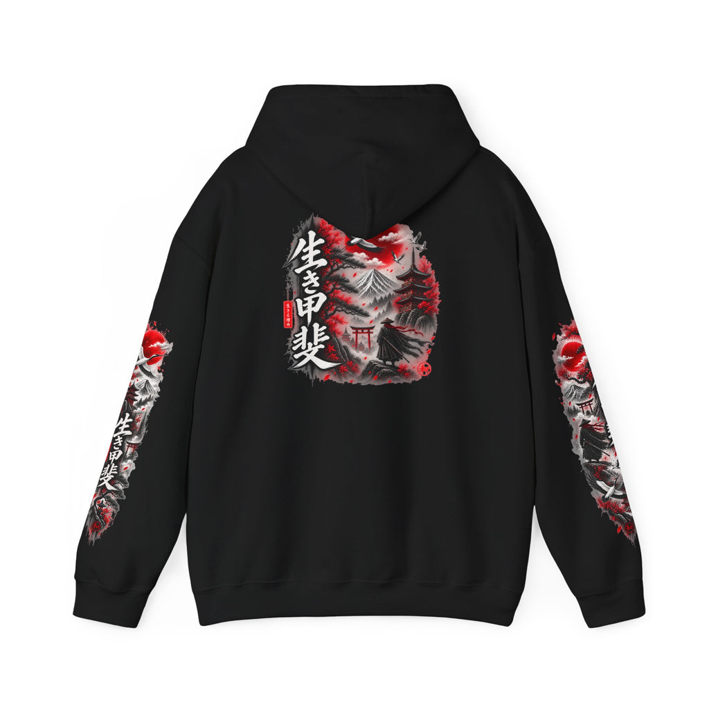 Japanese Oni Mask Hoodie – Red & Black Temple Graphic with Kanji Sleeve Art