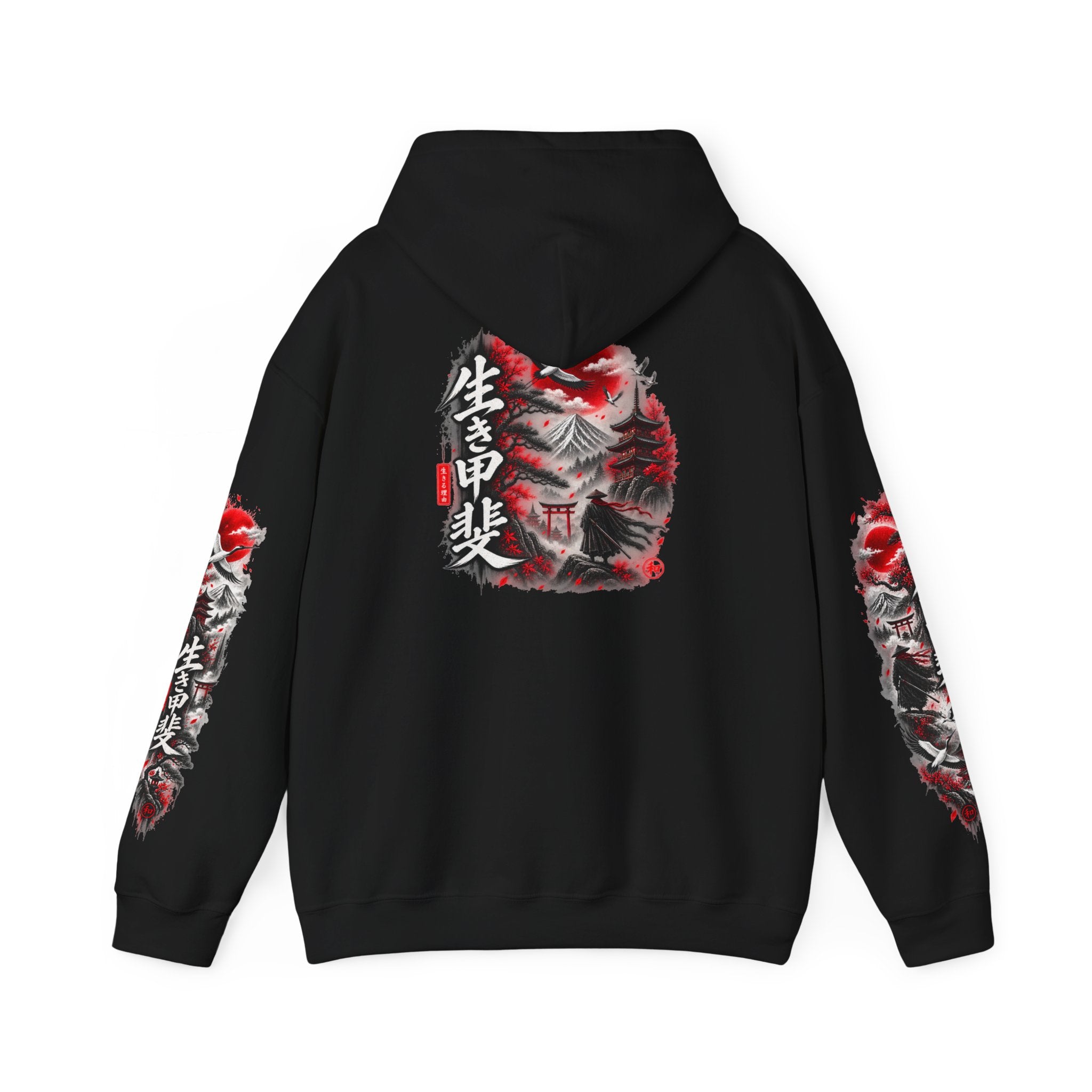 Japanese Oni Mask Hoodie – Red & Black Temple Graphic with Kanji Sleeve Art